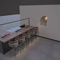 Modern Bar Counter With Wooden Countertop And Comfortable Stools By Illuminated Wall Niche