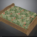 Wooden Pet Bed With Green Tropical Leaf And Red Flower Pattern Cushion
