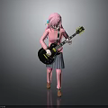 Child With Pink Hair Playing Black Electric Guitar In Pink Top And Gray Skirt