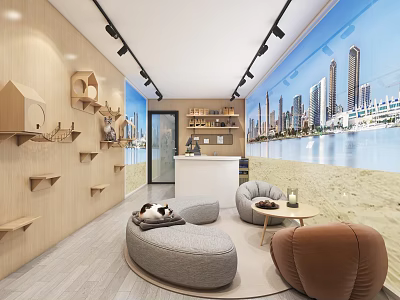 Shopping Mall Store Interior With Wooden Walls Decorative Shelves Round Sofas City Beach View Screen 3d model