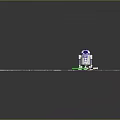 Blue And White Robot Character With Small Green Creature On Gray Stone Tiles