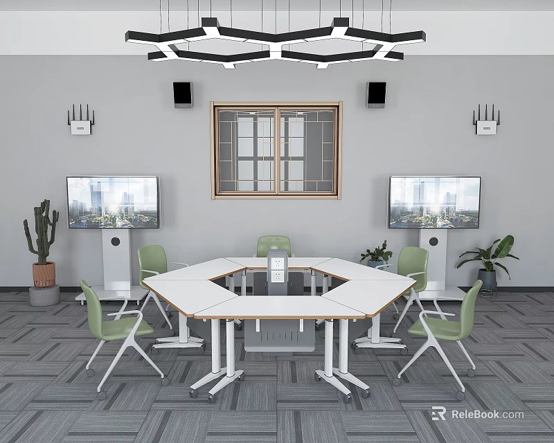 School Modern Seminar Room With Hexagonal White Table Green Chairs Two TVs And Potted Plants 3d model 
