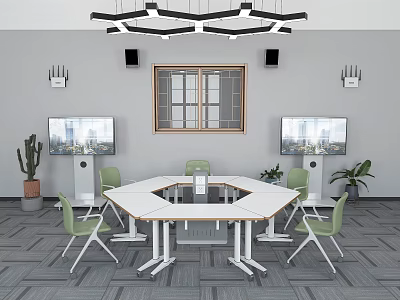 School Modern Seminar Room With Hexagonal White Table Green Chairs Two TVs And Potted Plants 3d model