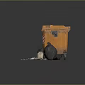 Orange Garbage Waste Bin With Scattered Trash And Black Garbage Bags