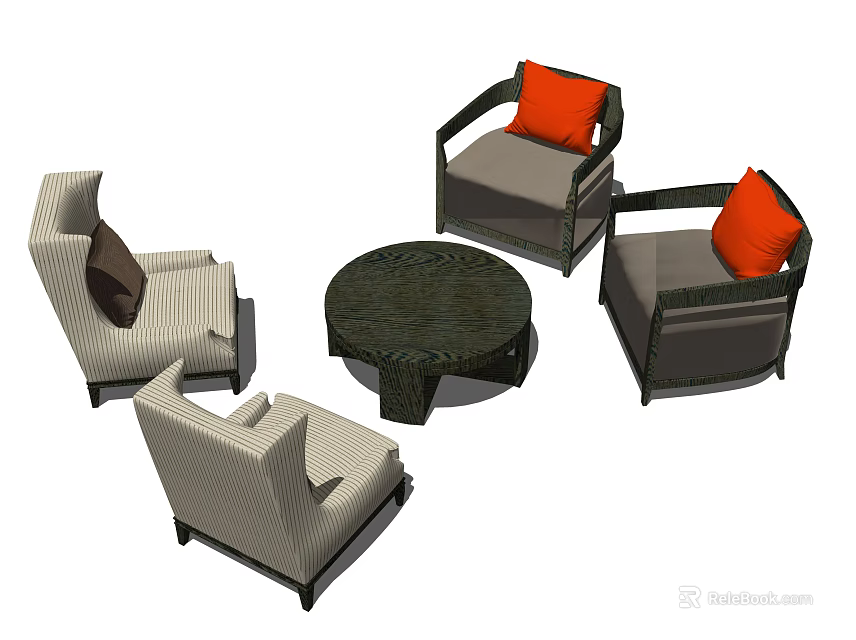 Comfortable Casual Sofa Set with Armchairs Orange Cushions and Round Wicker Table 3d model