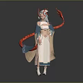 Elegant Female Character In Traditional Attire With Dragon Horns And Red Streamers