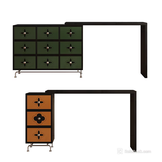 Stylish Dressing Table Featuring Multi Drawer Design Green Brown Panels Black Frame And Metal Knobs 3d model