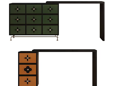 Stylish Dressing Table Featuring Multi Drawer Design Green Brown Panels Black Frame And Metal Knobs 3d model
