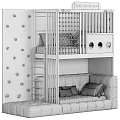 Children's Bunk Bed With Light Blue Gray Ladder Safety Railing Soft Mattress And Wall Decorations
