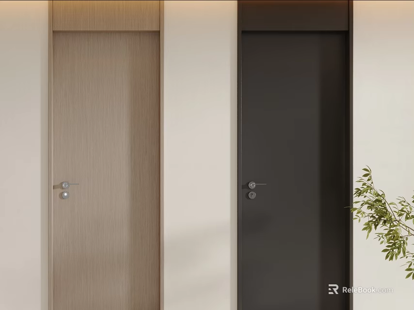 Minimalist Interior Design With Two Hinged Doors In Light Wood And Dark Colors 3d model 