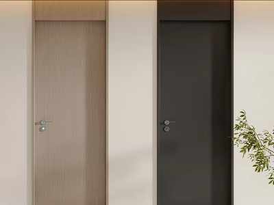 Minimalist Interior Design With Two Hinged Doors In Light Wood And Dark Colors 3d model