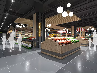 Modern Supermarket Interior With Fresh Produce Stalls Shoppers And Pendant Lights 3d model