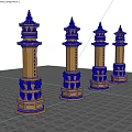 Golden Traditional Pagodas With Carved Bases And Tiered Roofs In Row