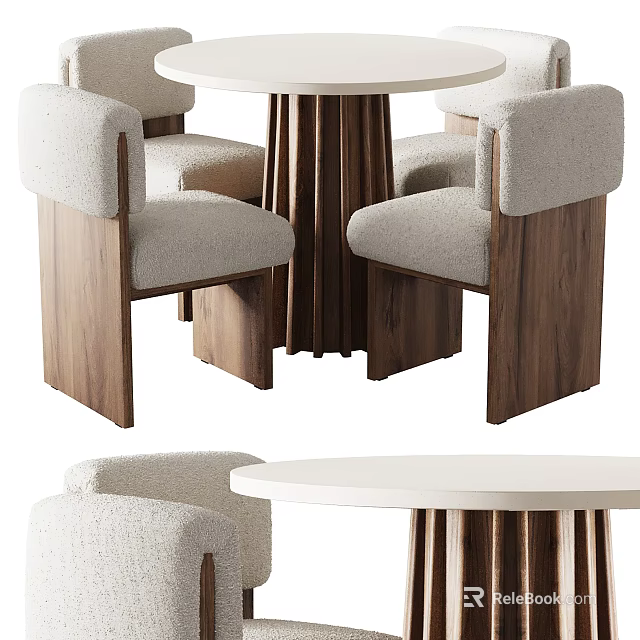 Modern Round Dining Table Set with White Tabletop and Upholstered Wooden Chairs 3d model 