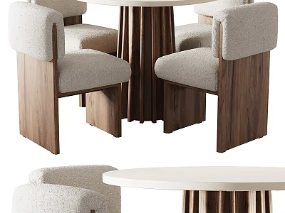 Modern Round Dining Table Set with White Tabletop and Upholstered Wooden Chairs 3d model