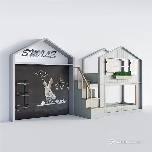 House Shaped Bunk Bed With Chalkboard Rabbit Illustration Staircase And Window Green Plants 3d model 