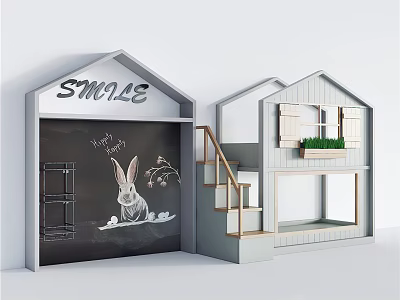 House Shaped Bunk Bed With Chalkboard Rabbit Illustration Staircase And Window Green Plants 3d model