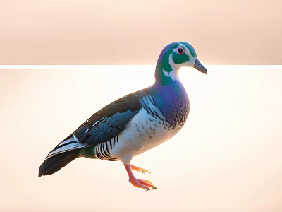 Colorful Flying Bird With Green Purple And Black White Feathers Standing On Light Background 3d model