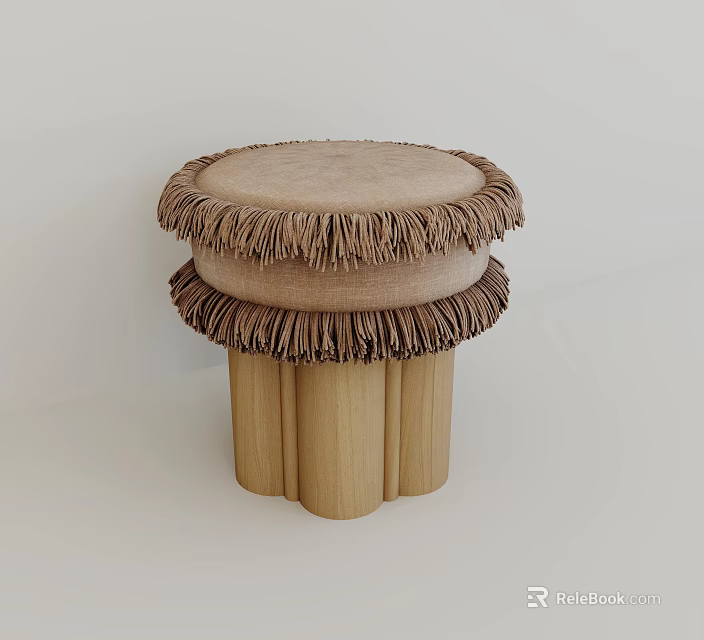 Stylish Fringed Round Upholstered Stool With Soft Cushion And Natural Solid Wood Base For Home 3d model 