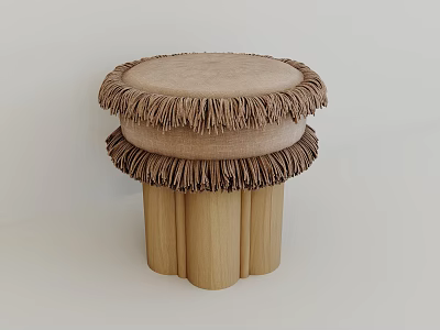 Stylish Fringed Round Upholstered Stool With Soft Cushion And Natural Solid Wood Base For Home 3d model