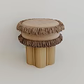 Stylish Fringed Round Upholstered Stool With Soft Cushion And Natural Solid Wood Base For Home