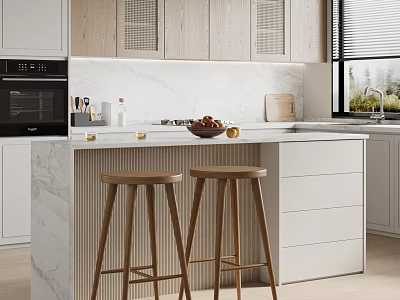 Modern Bar Area Interior Design With Marble Countertop And Wooden Stools Cabinetry 3d model