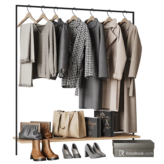 Trendy Clothes Display On Hanging Rack With Bags And Shoes 3d model 