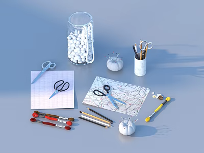 Daily Household Items Featuring Glass Jar White Balls Scissors And Stationery Supplies 3d model
