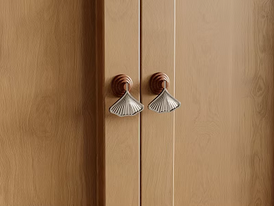Elegant Fan Shaped Metal Handles On Wooden Cabinet Doors With Brown Accents 3d model
