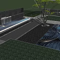 Modern Garden Feature Wall Design With Water Feature Pathway Lighting And Trees 3d model