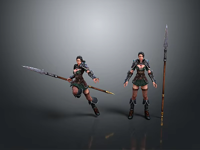 Game Movie Female Warrior Characters Wearing Armor With Spear In Dynamic And Standing Poses 3d model