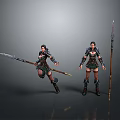 Game Movie Female Warrior Characters Wearing Armor With Spear In Dynamic And Standing Poses