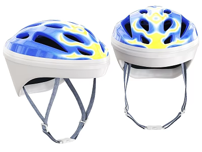 Blue And Yellow Flame Design Sports Helmet With Ventilated Holes White Base And Gray Straps 3d model