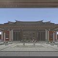 Traditional Ancient Architecture Courtyard With Classic Roof Wooden Doors And Stone Pavement