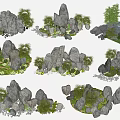 Various Decorative Rockery Stones With Small Plants And Moss For Garden Landscaping
