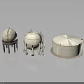 Industrial White Storage Tanks In Three Different Shapes Spherical Cylindrical With Ladders And Bases