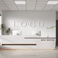 Modern Reception Area With White Wall LOGO Two Computer Monitors And Green Plants 3d model