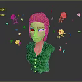3D Female Character With Pink Hair Green Outfit And Floating Red Roses Petals