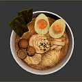 Delicious Ramen Bowl with Soft Boiled Eggs Sliced Meat Nori Pickled Daikon and Scallions