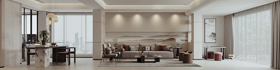 Modern Living Dining Room With Mountain Pattern Wall Light Gray Sofa And Throw Pillows 3d model