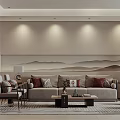 Modern Living Dining Room With Mountain Pattern Wall Light Gray Sofa And Throw Pillows 3d model