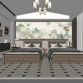 Hotel Room Interior With Twin Beds Tropical Plant Mural Chandelier And Geometric Carpet