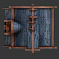 Cartoon Style Wooden House With Blue Tiled Roof Stone Base And Circular Door Decoration
