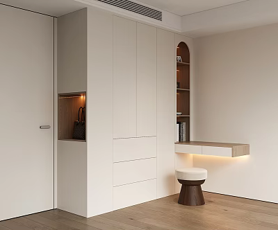 Modern White Wardrobe Interior with Open Shelves Vanity Table and LED Lighting 3d model