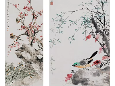 Traditional Chinese Plant Paintings Featuring Plum Blossoms Birds and Green Branches on Scrolls 3d model