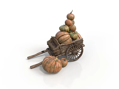 Rustic Wooden Cart Stacked With Colorful Pumpkins For Autumn Harvest 3d model
