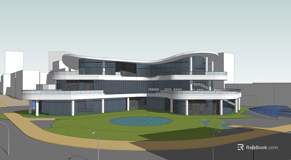 Modern Architectural Exterior Of Multi Level Building With Glass Facade Lawn And Circular Pond 3d model 