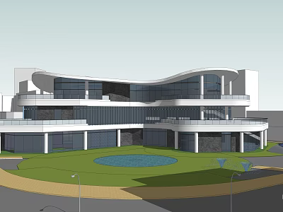 Modern Architectural Exterior Of Multi Level Building With Glass Facade Lawn And Circular Pond 3d model