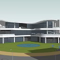Modern Architectural Exterior Of Multi Level Building With Glass Facade Lawn And Circular Pond