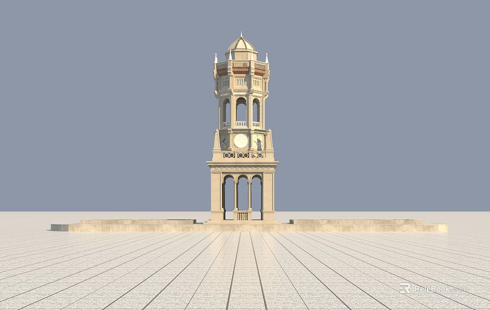 Ancient Architecture Clock Tower With Ornate Top And Arched Doors On Plaza Ground 3d model 